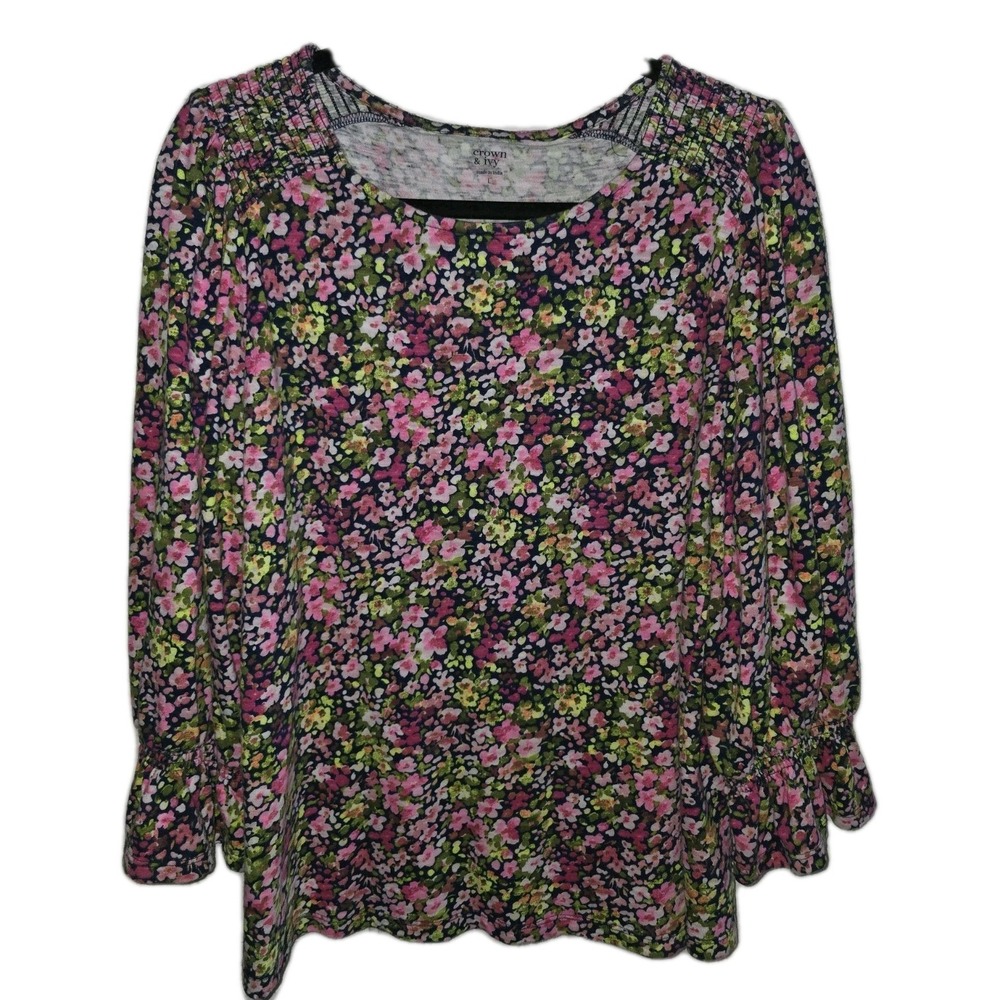 Crown & Ivy Women's Size Large Pink Floral Peasant Blouse Top Pleats 3/4 Sleeve